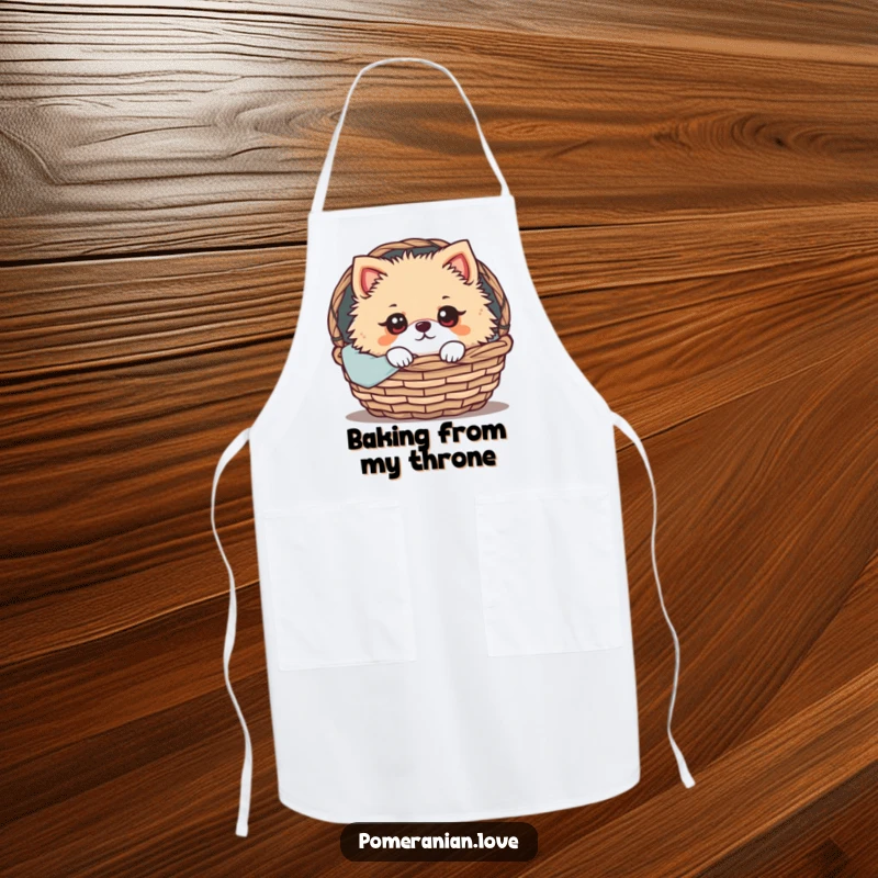 Funny Pomeranian Apron: A Pomeranian with wide, expressive eyes peeking from a cozy basket, adding a touch of canine cuteness to kitchen tasks.