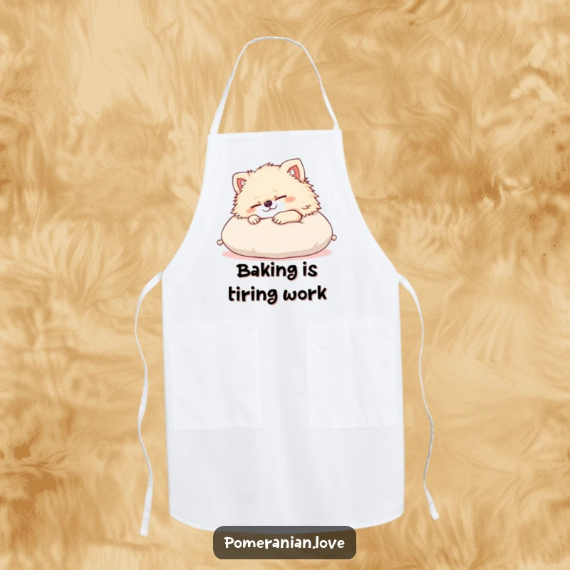 Funny Pomeranian apron with a content dog napping, designed for the kitchen. Adds humor and personality to cooking for dog lovers.