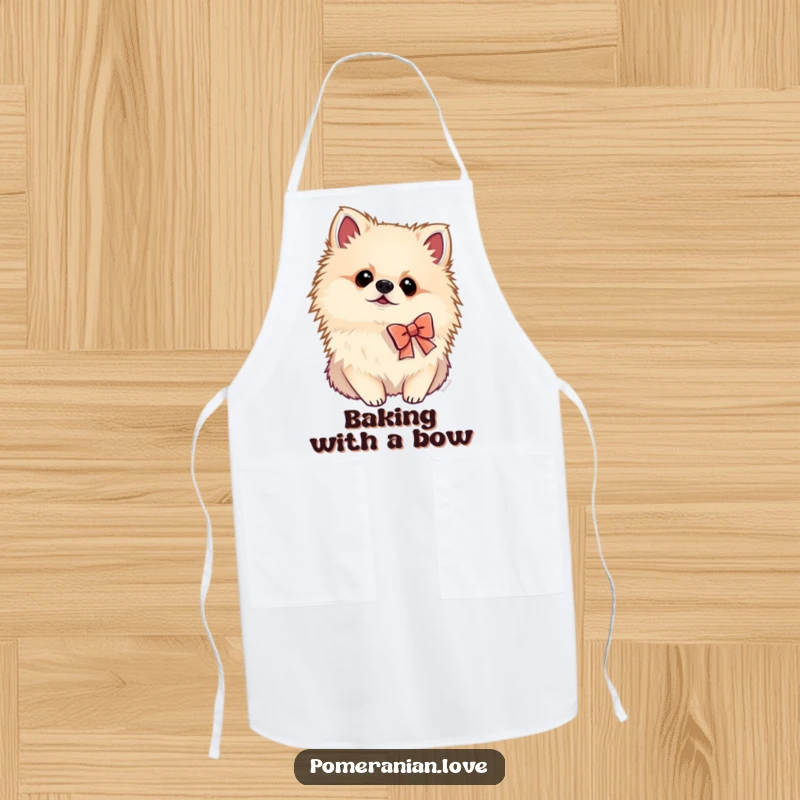 Funny Pomeranian apron showing a dog in a tiny bow tilting its head curiously, adding a touch of whimsy to kitchen tasks.