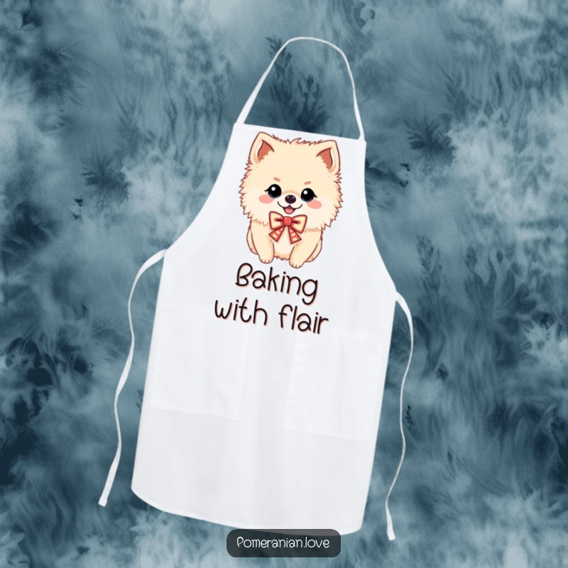 Funny apron featuring a cheerful Pomeranian with a festive bow, humorous kitchen wear, a gift.