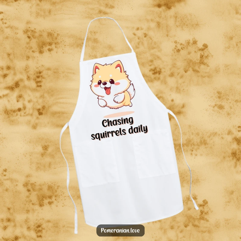 Funny Pomeranian dog running with its tongue out, depicted on a practical apron for a humorous kitchen experience.