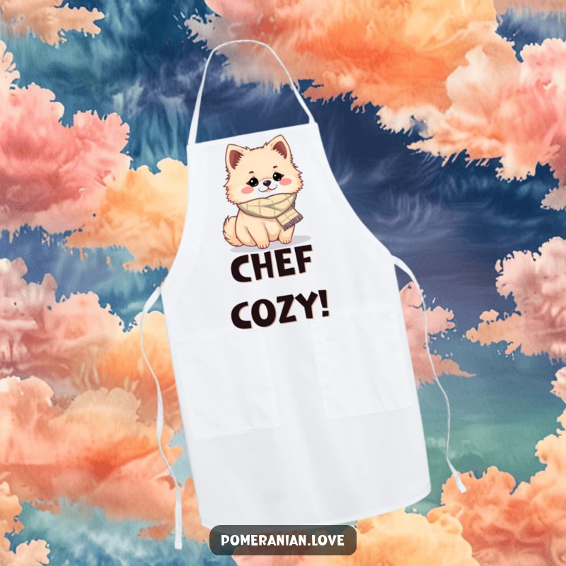 Funny cozy Pomeranian apron, a chef apron with a dog in a scarf, ideal funny kitchen gift.