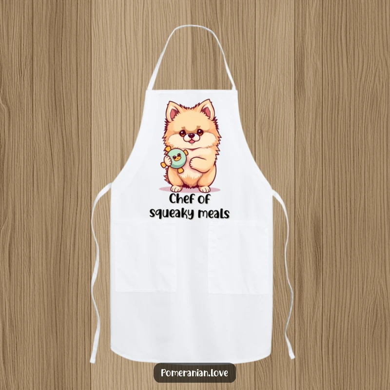Funny Pomeranian apron of a proud dog holding a squeaky toy, perfect for chefs who love to cook with a smile.
