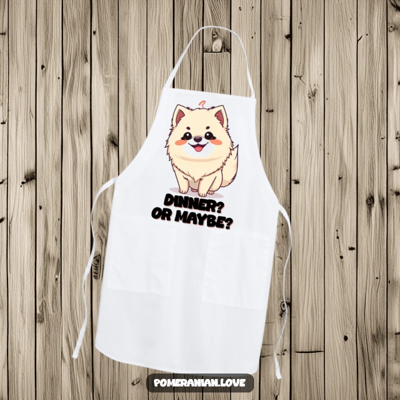 Funny Pomeranian question tail apron, a grinning dog with tail like a question mark, perfect for a humorous kitchen.