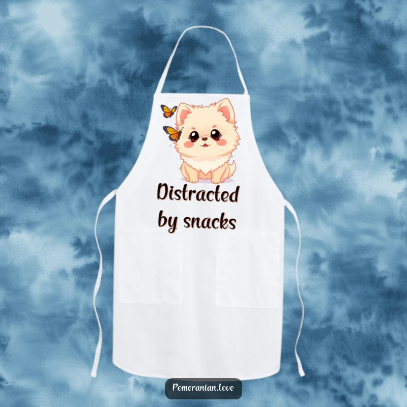 Funny Pomeranian apron showing a dog with wide eyes watching a butterfly. Great for kitchen use, adding gentle humor and personality.