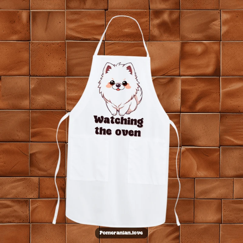 Funny Pomeranian dog with its tail curled alertly, depicted on a functional and humorous cooking apron.