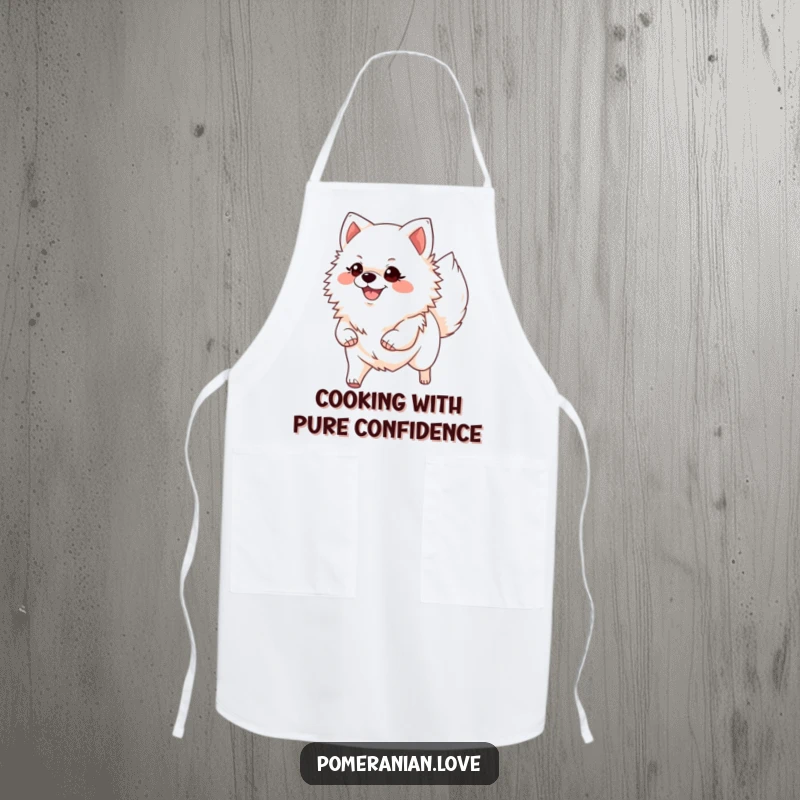 Funny Pomeranian apron, depicting a smiling dog confidently trotting with its tail held high, ready for any culinary adventure.