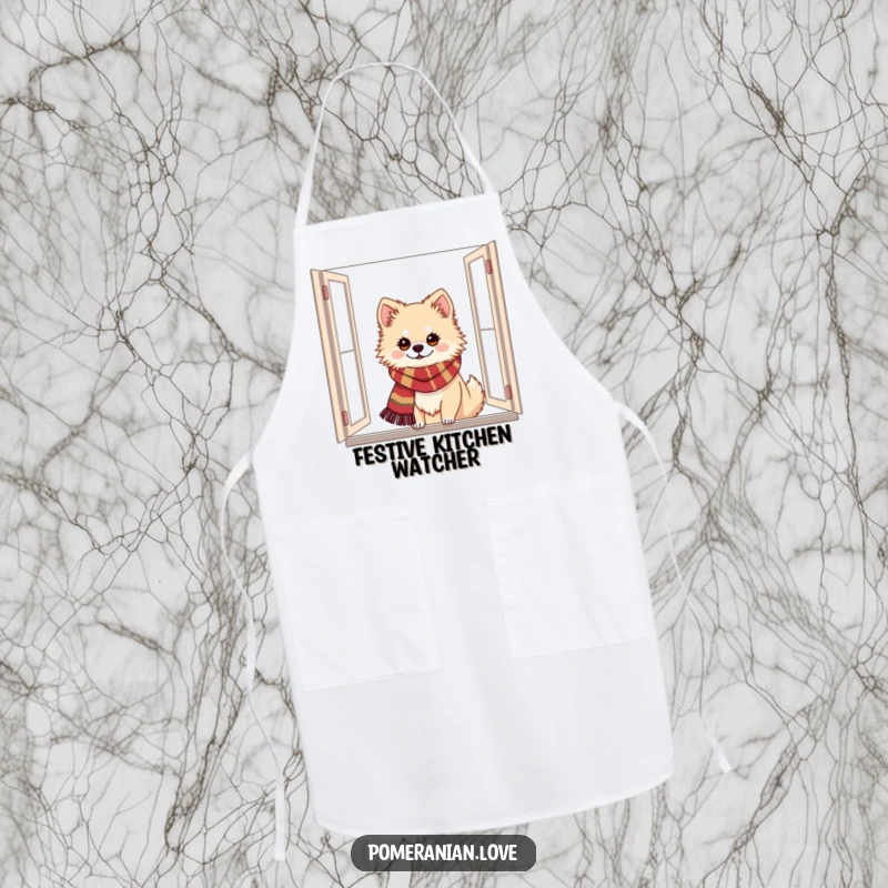 Funny Pomeranian apron of a dog in a festive scarf peeking from a window, perfect for holiday cooking with fun.