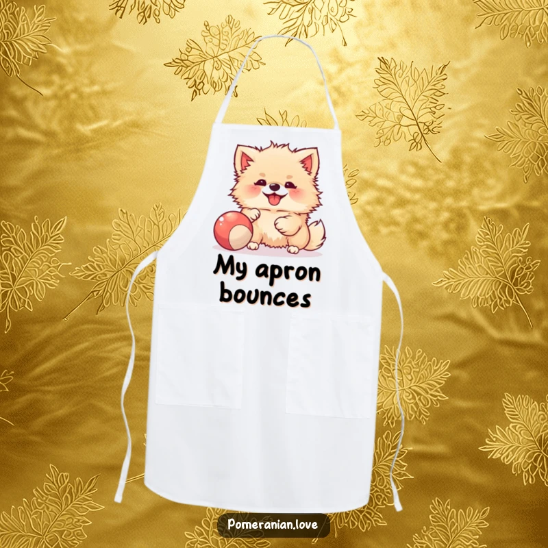 Funny apron featuring a joyful Pomeranian playing with a bouncy ball, perfect for anyone who loves playtime.