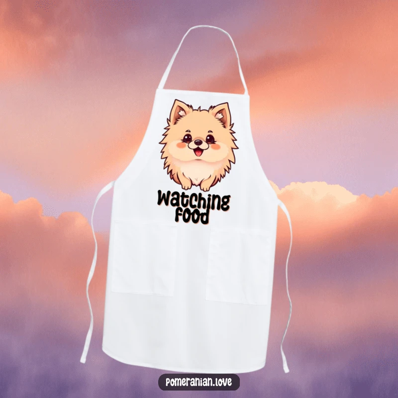 Funny Pomeranian apron showing a delighted dog with perked ears, looking intently, perfect for the observant cook.