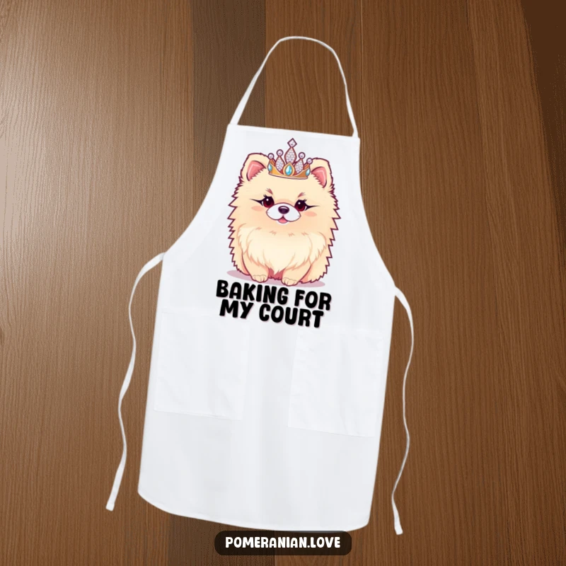 Funny Pomeranian Apron: A humorous apron featuring a fluffy Pomeranian wearing a sparkly tiara, perfect for adding royal fun to cooking.