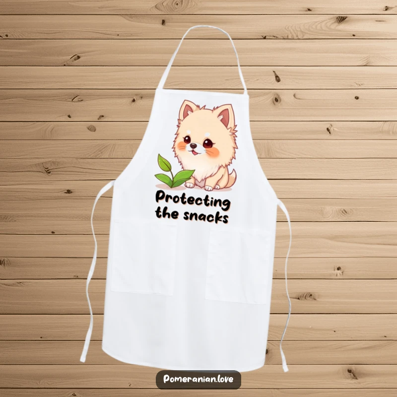 Funny apron showing a Pomeranian dog with fuzzy ears barking excitedly at a floating leaf, adding fun to the kitchen.