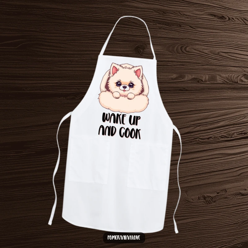 Funny Pomeranian apron, a fluffy dog peeking from a cozy bed, with bright eyes, adding a humorous and cute touch to cooking.