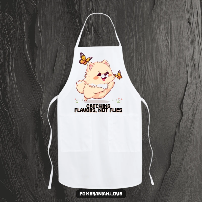 Funny apron featuring a playful Pomeranian dog chasing a butterfly, ready to add cheer to any kitchen task.