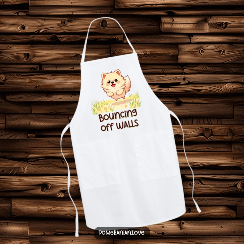 Funny Pomeranian apron illustrating a dog full of energy in a field, perfect for chefs who love to cook with fun.