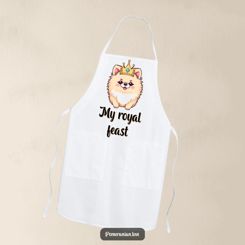 Funny Pomeranian apron, a fluffy dog wearing a small crown, looking regal and happy while protecting the wearer's clothes.