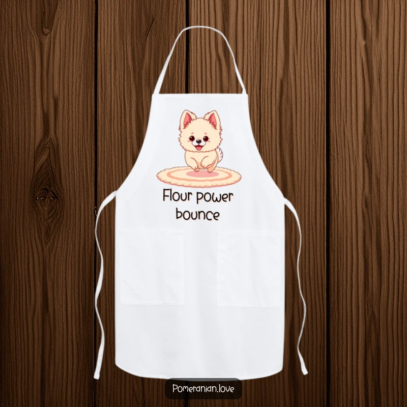 Funny Pomeranian with oversized ears bouncing joyfully on a rug, featured on a practical kitchen apron.