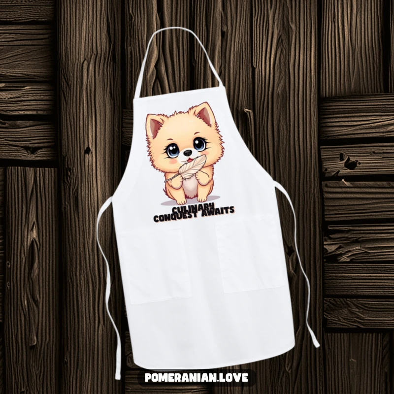 Funny Pomeranian apron showing a dog with big, bright eyes playing with a feather, perfect for adding a playful touch to cooking.