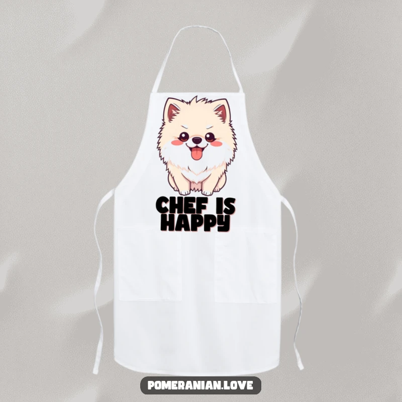 Funny Pomeranian happy pant apron, a cheerful dog with tongue out, panting happily, perfect for a humorous kitchen.