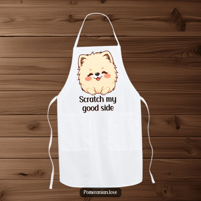 Funny Pomeranian apron showing a happy dog getting a head scratch, perfect for kitchen fun.