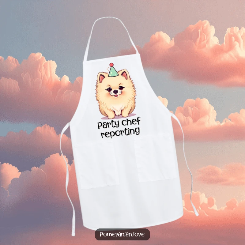Funny apron with a fluffy Pomeranian wearing a party hat, making kitchen duties more festive and humorous for the wearer.