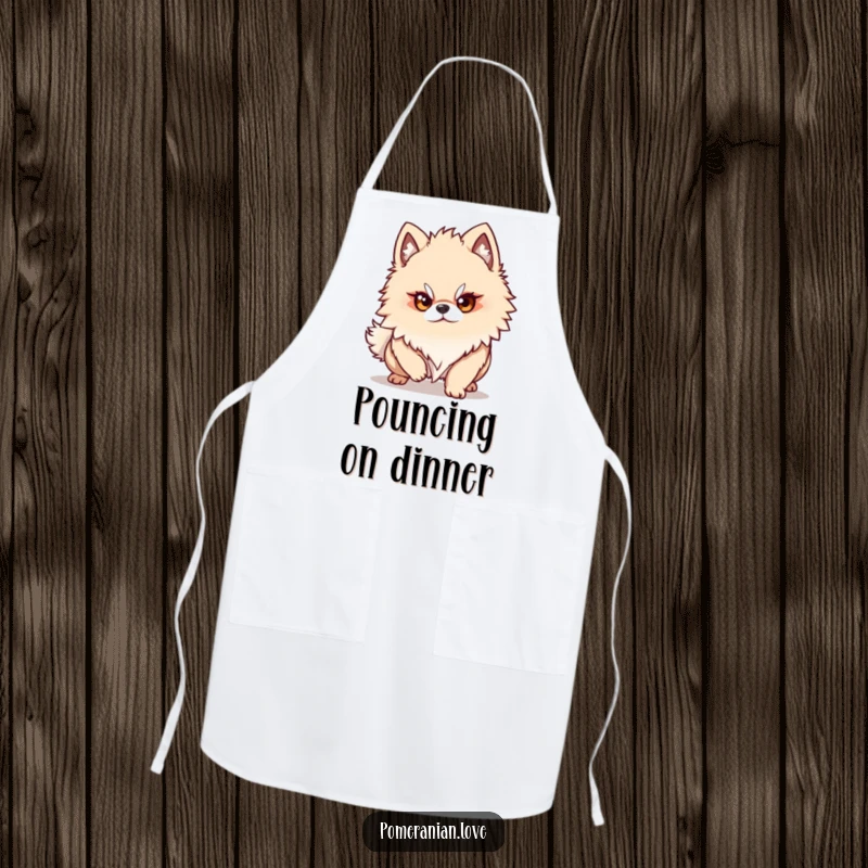 Funny Pomeranian dog character with a determined gaze, ready to pounce on culinary challenges, featured on this kitchen apron.