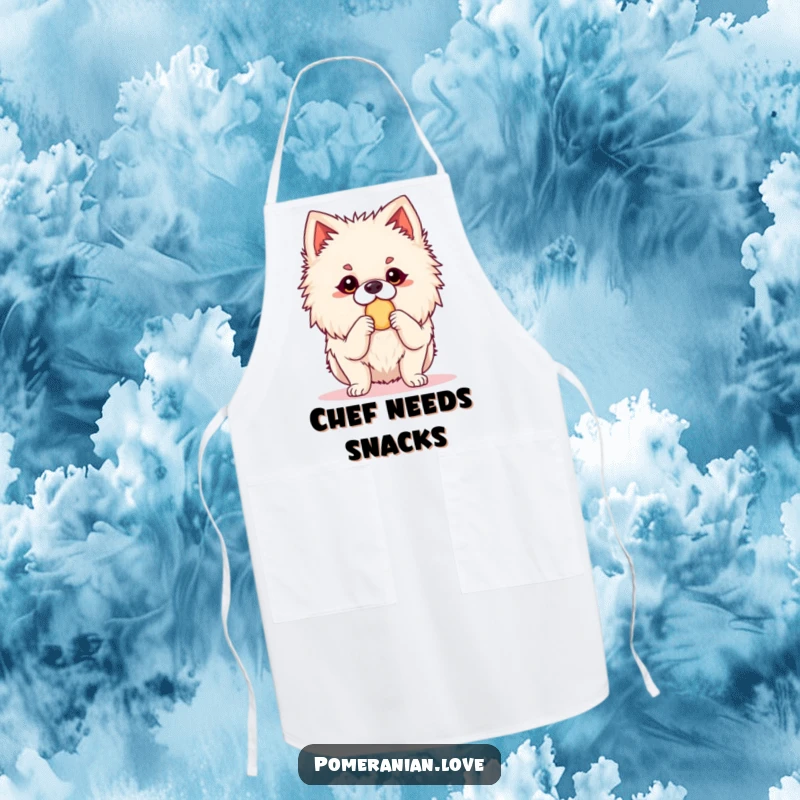 Funny Pomeranian apron showing an alert dog ready for a treat. Great for kitchen use, adding humor and personality for snack lovers.