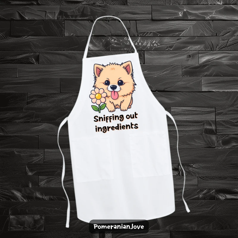 Funny Pomeranian apron, a curious dog with tongue out sniffing a flower, humorous kitchen accessory.
