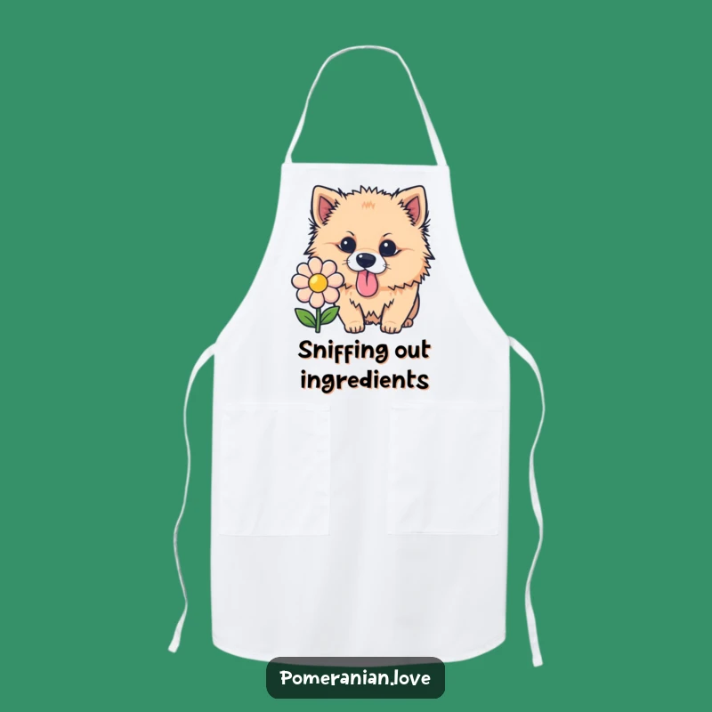 Funny Pomeranian Sniffing Flower Apron: Chef's Delightfully Humorous Kitchen Gear