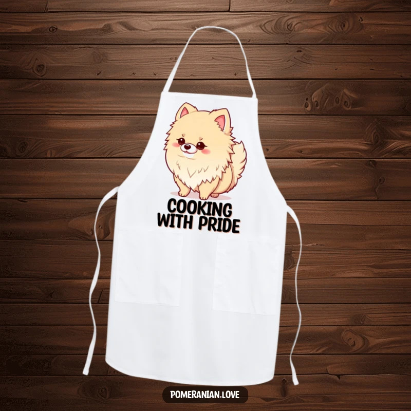 Funny apron showing a proud Pomeranian dog with fluffy fur wagging its tail happily, bringing joy to the kitchen.