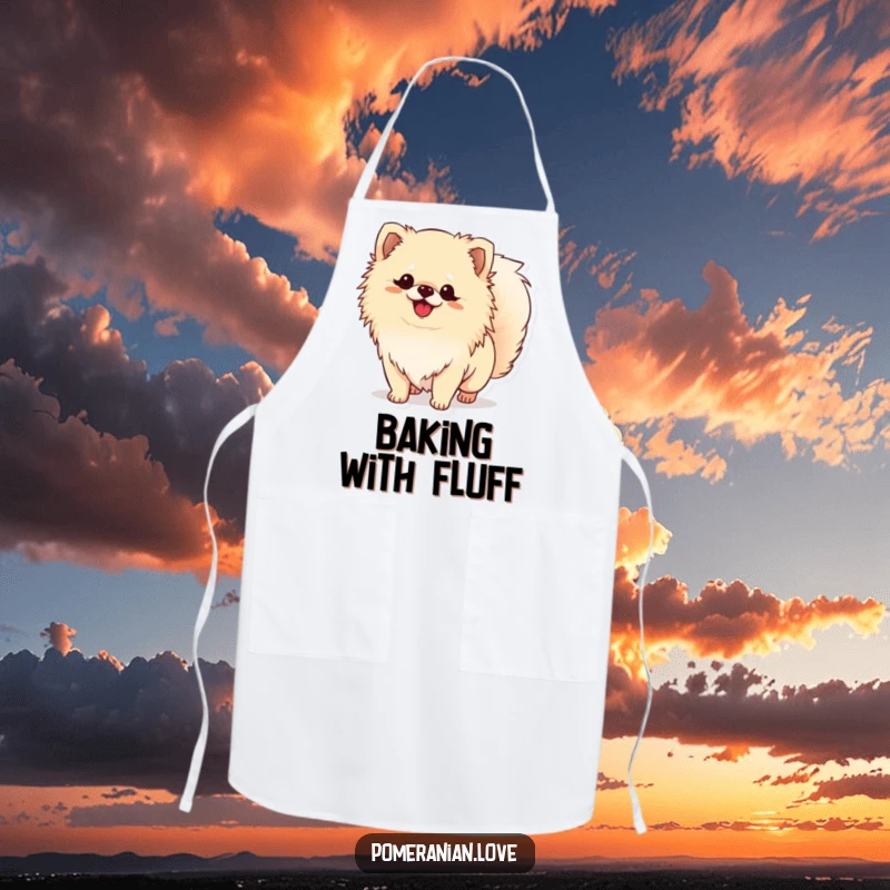 Funny Pomeranian apron showing a dog's happy, wagging tail, perfect for cooking enthusiasts and dog lovers alike.