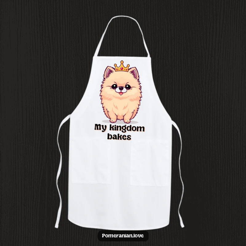 Funny apron featuring a proud Pomeranian wearing a tiny crown, ready to assist in the kitchen with regal flair.