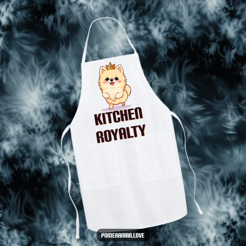 Funny apron design of a fluffy Pomeranian wearing a crown and prancing joyfully, perfect for regal cooking.