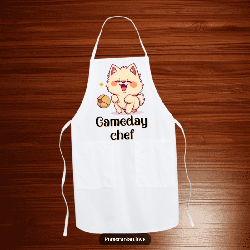 Funny Pomeranian dog character energetically barking at a bouncing ball, perfect for the kitchen-loving dog owner on this apron.