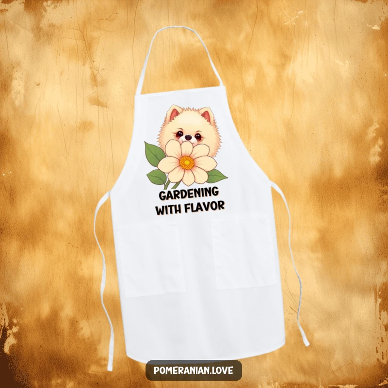 Funny Pomeranian dog peeking curiously from behind a large flower, on a kitchen apron.