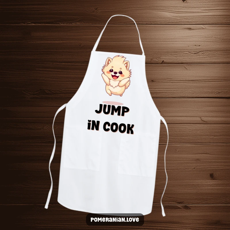 Funny Pomeranian apron showing a happy dog with a fluffy mane mid-spirited jump, bringing energetic fun to the kitchen.