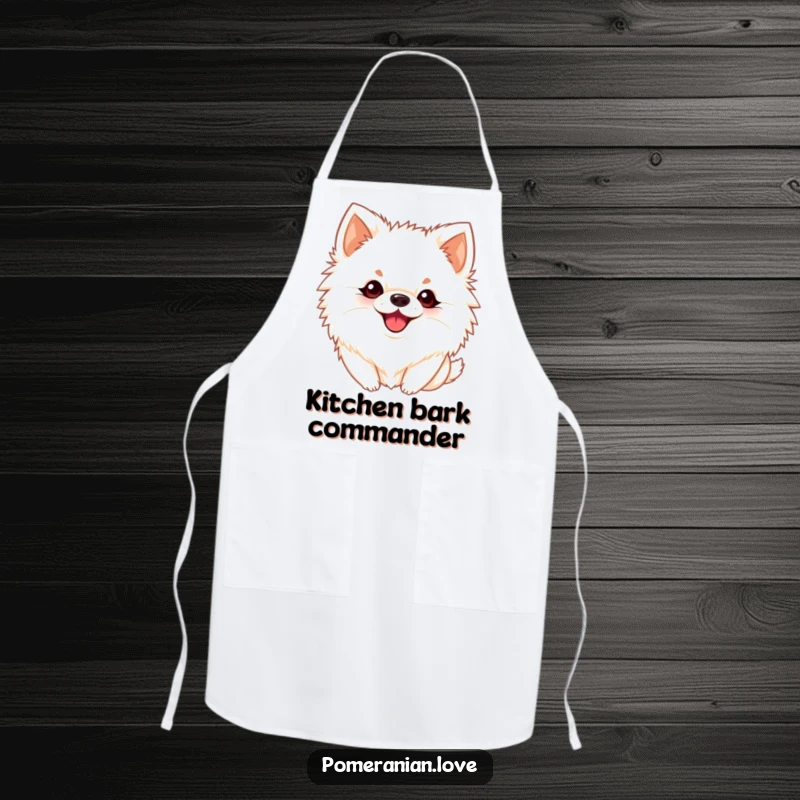 Funny Pomeranian apron of a dog with perky ears barking playfully, perfect for chefs who love to cook with fun.
