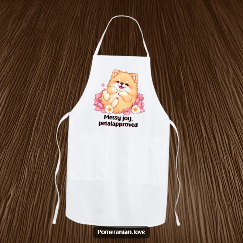 Funny Pomeranian apron, showing a dog joyfully rolling on its back in a vibrant, soft bed of freshly bloomed flower petals.