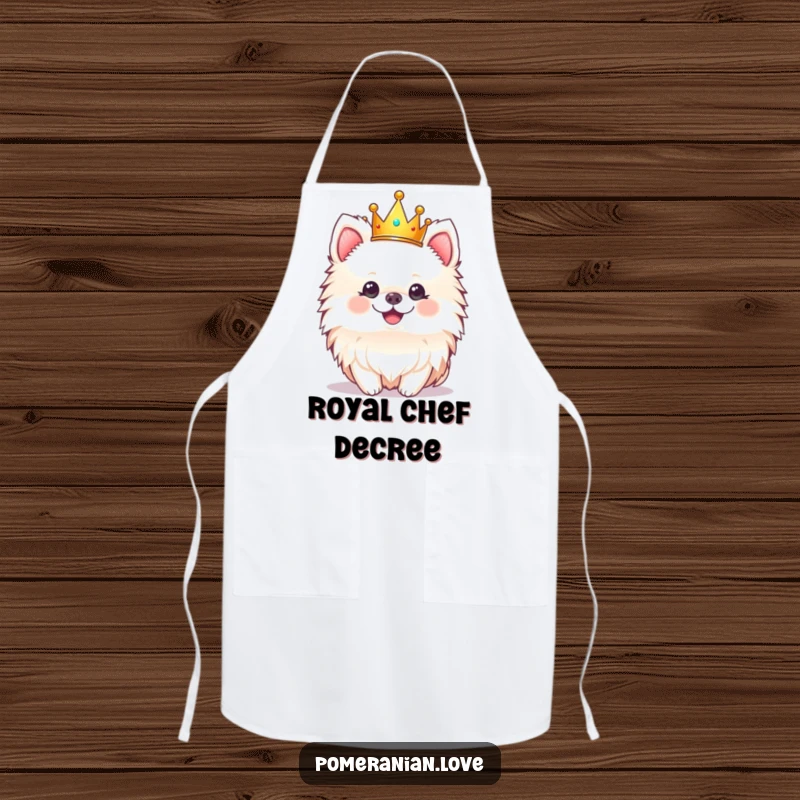 Funny apron featuring a cheerful Pomeranian dog wearing a tiny crown, ideal for kitchen tasks.
