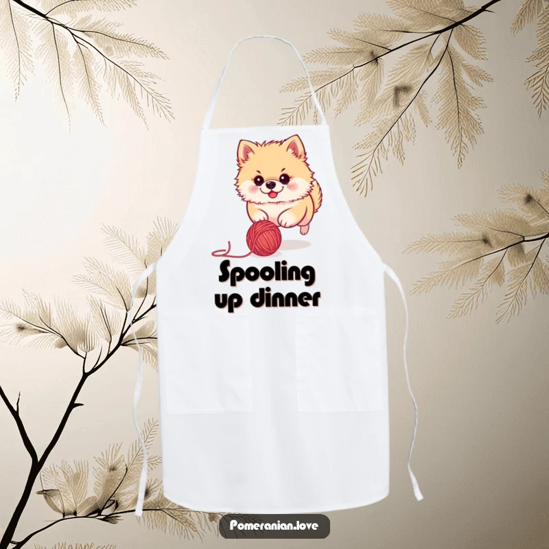 Funny Pomeranian apron depicting a cute dog with a determined look, actively chasing a rolling ball of yarn while cooking or baking.