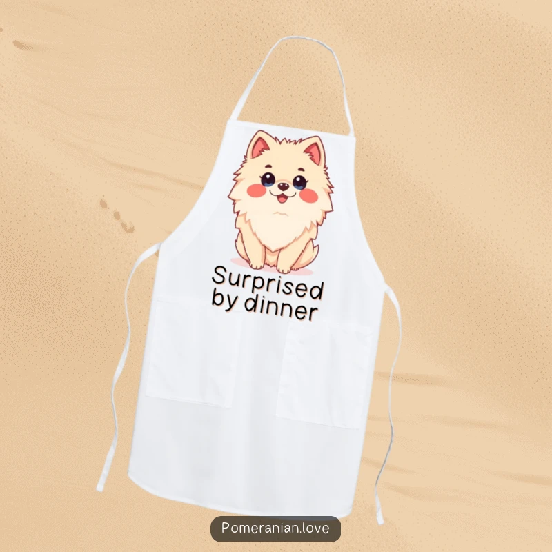 Funny Pomeranian dog with a surprised expression, depicted on a functional and humorous cooking apron.