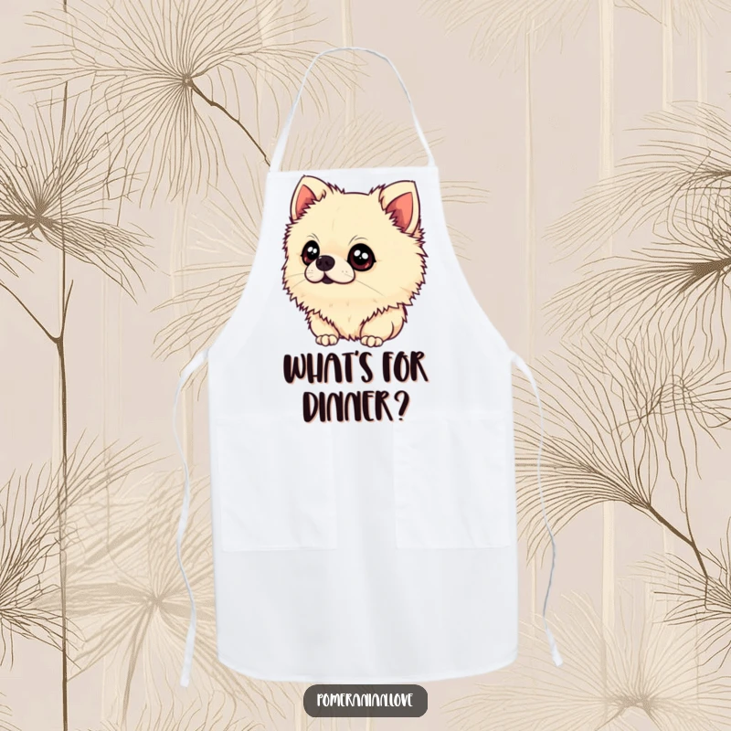 Funny Pomeranian Apron: A humorous apron featuring a fluffy Pomeranian tilting its head with wide, innocent eyes, perfect for adding adorable fun to cooking.