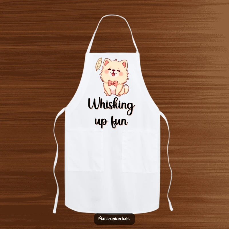 Funny Bowed Pomeranian Apron: A Pomeranian wearing a bow cheerfully barks at a floating feather, bringing playful charm to the kitchen.