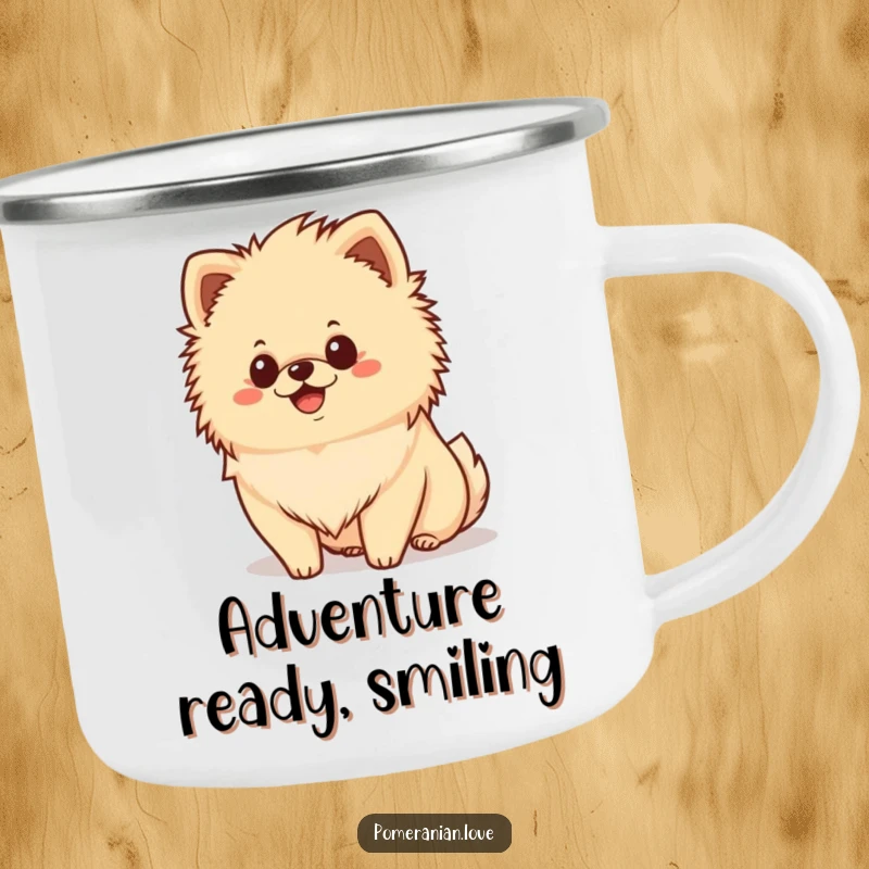 Funny happy Pomeranian camping mug, fluffy mane, smiling dog, enamel mug, outdoor gear.