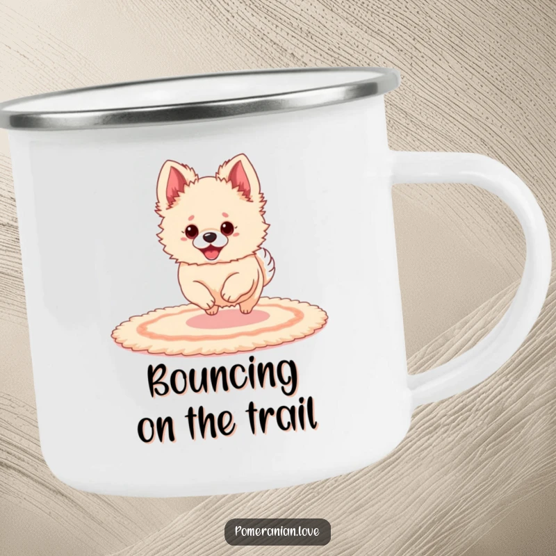 Funny Pomeranian with oversized ears bouncing on a rug, on a sturdy enamel camping mug.