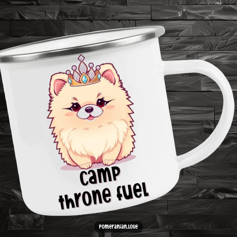 Funny Pomeranian Camping Mug: A durable mug for outdoor use, featuring a fluffy Pomeranian wearing a sparkly tiara, perfect for royal adventures.