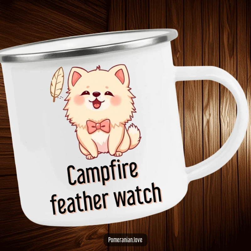 Funny Bowed Pomeranian Camping Mug: A Pomeranian with a bow cheerfully barks at a floating feather, perfect for enjoying drinks outdoors.