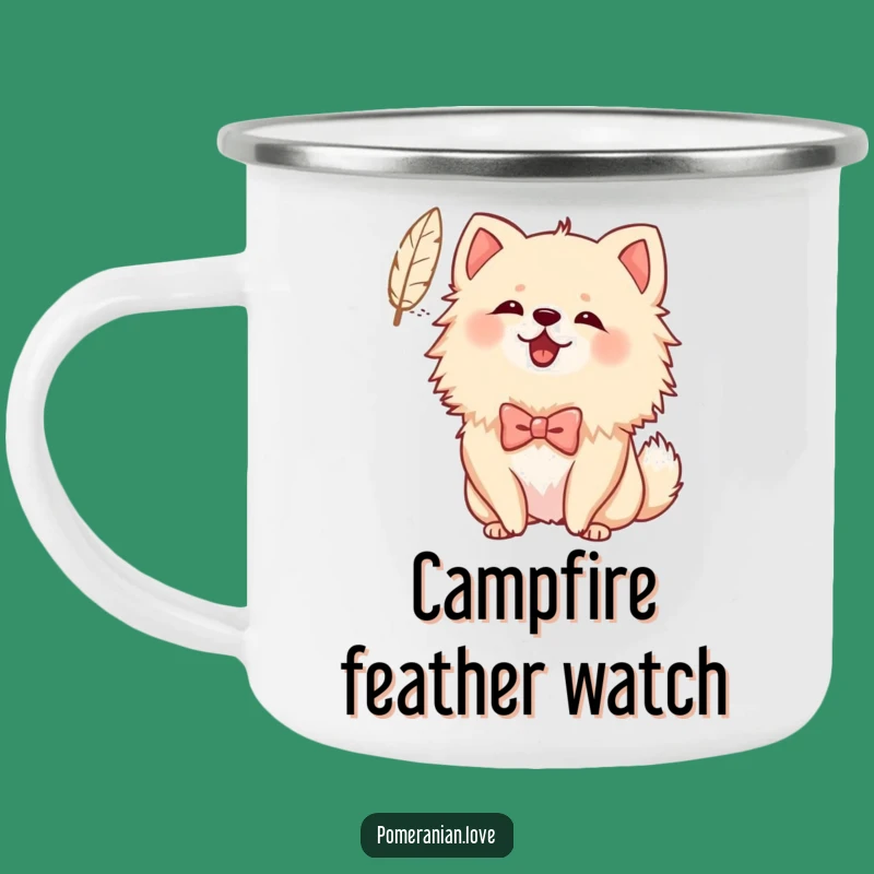 Funny Bowed Pomeranian Camping Mug: Cheerful Feather Barking Adventures Outdoors