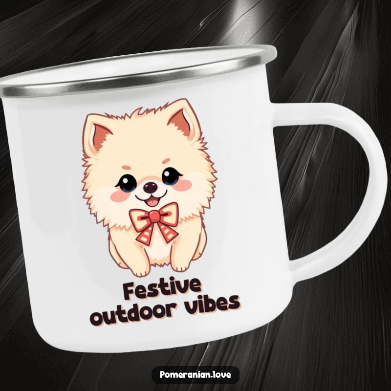Funny camping mug with a cheerful Pomeranian wearing a festive bow, great for outdoor fun, a gift.
