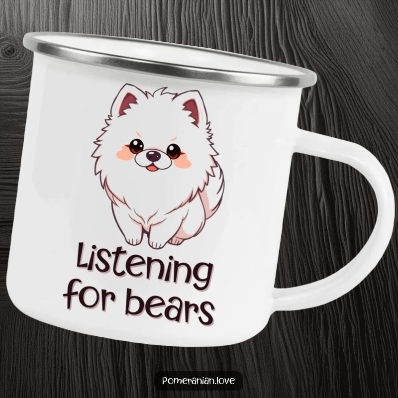 Funny Pomeranian dog with tail curled alertly over its back, depicted on a durable camping mug for outdoor vigilance.